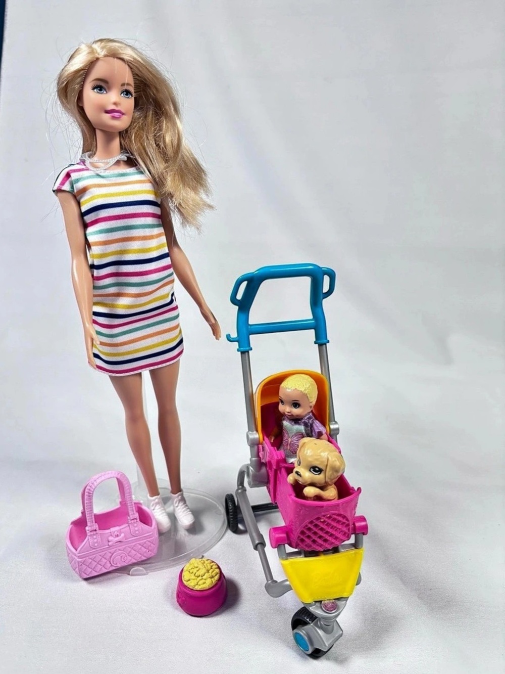 Barbie Stroll 'n Play Pups Playset Fashion Doll Set Pink & Blue